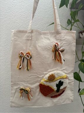 Handmade Needle Punch Tote Bag Boho Canvas Bag Tufted Desert Sun Design